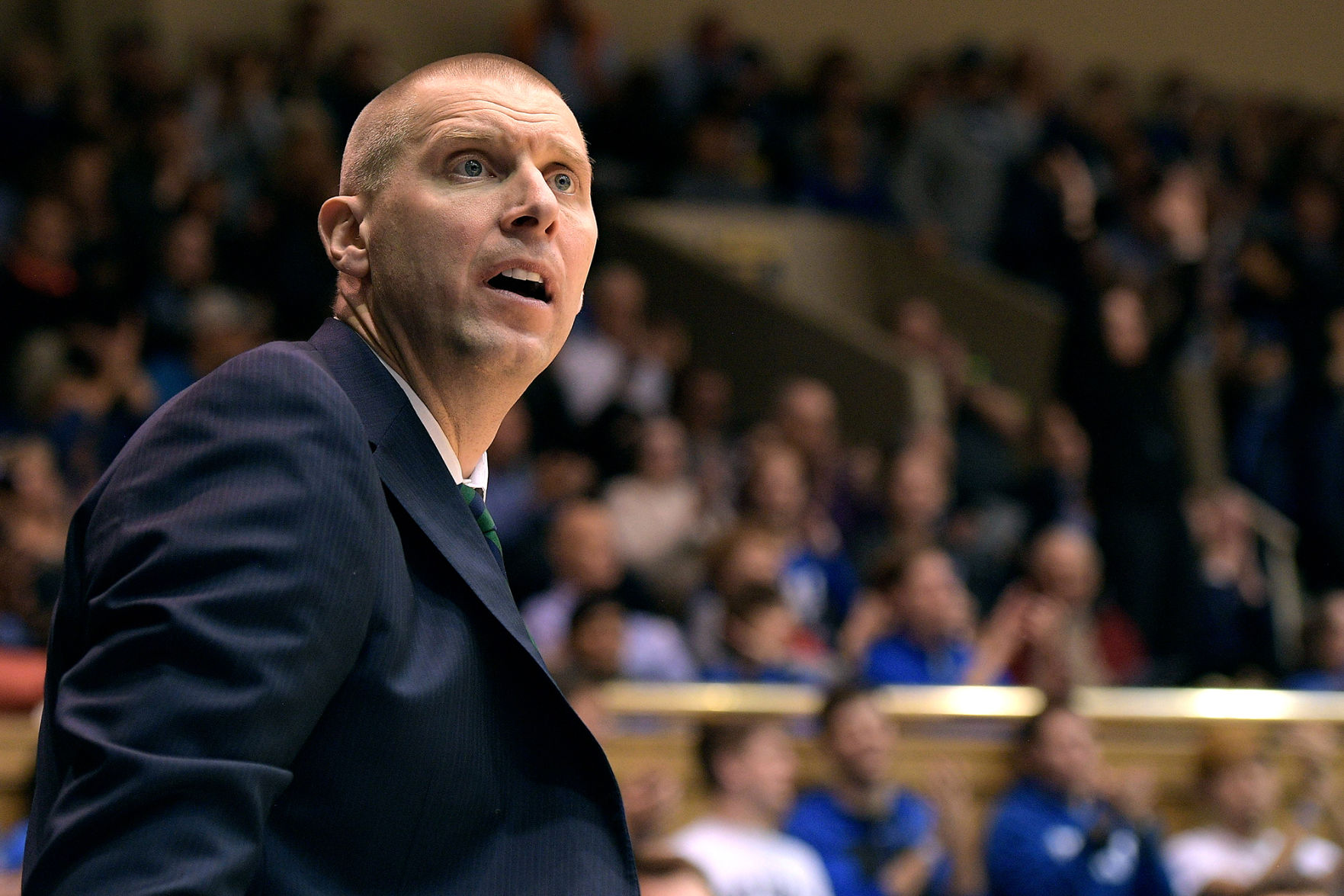 Utah Valley head coach Mark Pope reacts during a game against Duke at Cameron Indoor Stadium in Durham, N.C., on November 11, 2017. (Lance King/Getty Images/TNS) **FOR USE WITH THIS STORY ONLY**